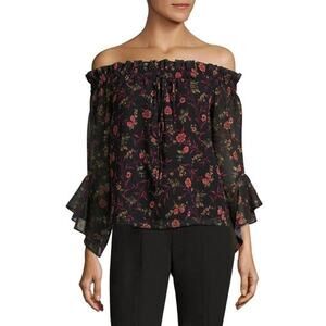 Scripted Black Floral Peasant Blouse Off The Shoulder Size S. NEW
